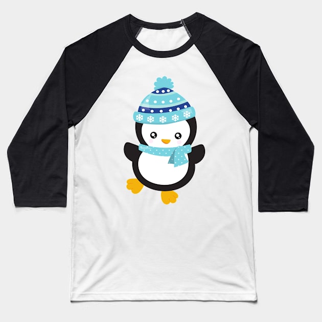 Christmas Penguin, Penguin With Scarf, Hat, Xmas Baseball T-Shirt by Jelena Dunčević